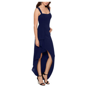 XSCAPE Navy Blue Ruched‎ Crepe Gown NWT Sz 14 Square Neck Hi-Lo Slit Formal Prom